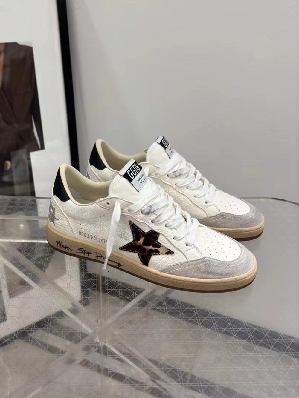 Golden Goose White Sneakers with Leopard Star and Black Heel Tab